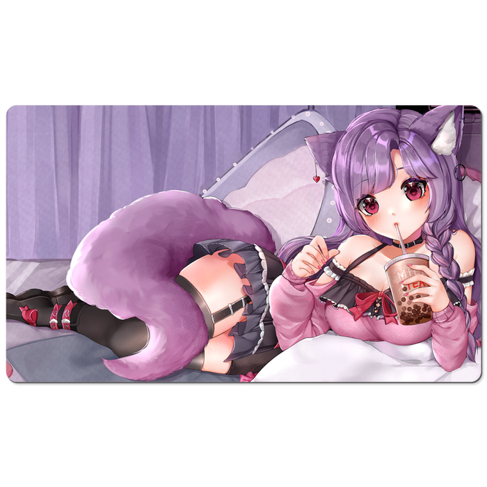 Anime Neko Girl Drinking Boba Tea Large Mouse Pad
