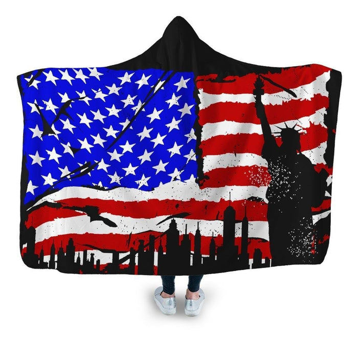 American Flag with Liberty Statue Hooded Blanket - Adult / Premium Sherpa