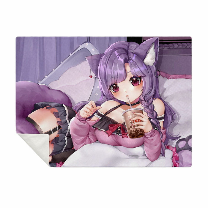 Neko Anime Girl Drinking Boba Tea Premium Microfleece Blanket