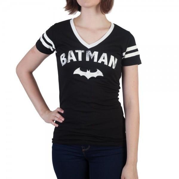 Batman Logo with Bat Women’s Varsity V-Neck T-Shirt Officially Licensed by Bioworld - Small