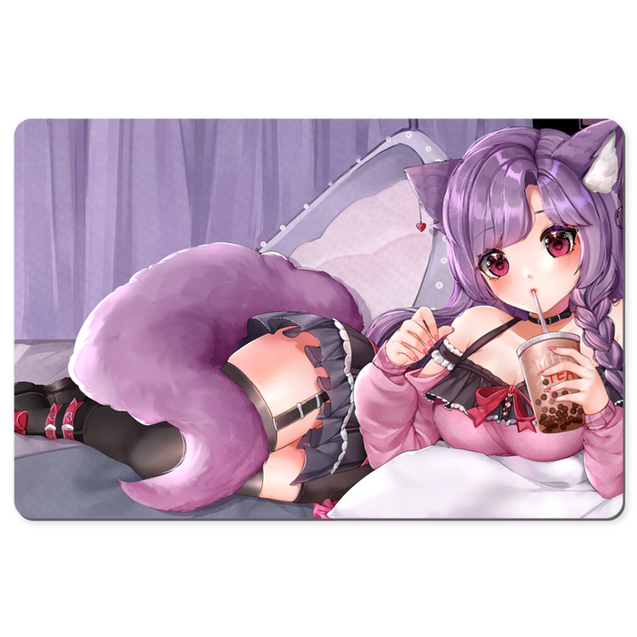 Anime Neko Girl Drinking Boba Tea Large Mouse Pad